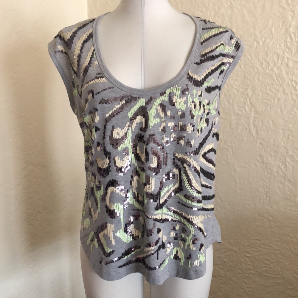 Milly Gray Pink Green Sequin Animal Print Tank Top Sleeveless Shirt Large